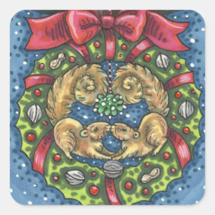 CUTE KISSING SQUIRRELS UNDER MISTLETOE, NUT WREATH SQUARE STICKER