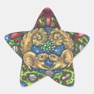 CUTE KISSING SQUIRRELS UNDER MISTLETOE, NUT WREATH STAR STICKER