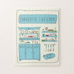 Cute Kitchen Illustration Blue Personalised Name  Jigsaw Puzzle<br><div class="desc">Cute Kitchen Illustration Personalised Name Puzzle</div>