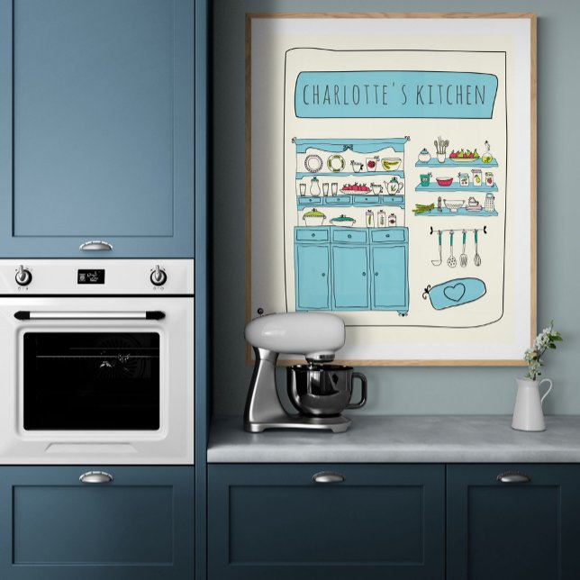 Cute Kitchen Illustration Blue Personalized Name  Poster (Creator Uploaded)