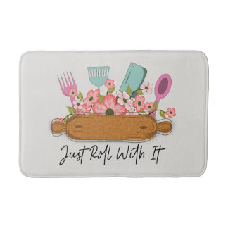 Cute kitchen rolling pin word art bath mat
