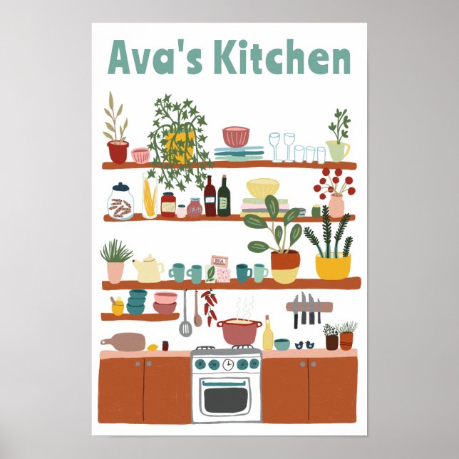 Cute Kitchen Shelves CUSTOM NAME Illustration Art  Poster (Front)