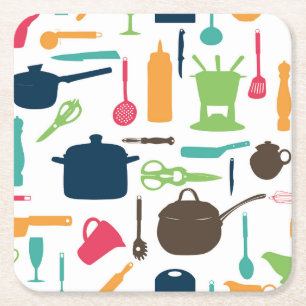 Cute Kitchen Tools Silhouette Illustration Square Paper Coaster