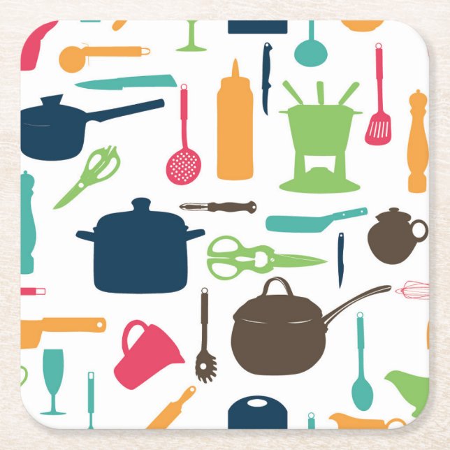Cute Kitchen Tools Silhouette Illustration Square Paper Coaster (Front)