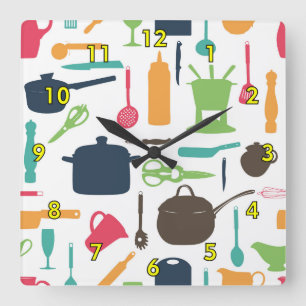 Cute Kitchen Tools Silhouette Illustration Square Wall Clock