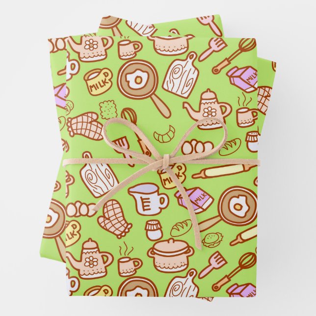 Cute Kitchenware Green Wrapping Paper Sheet (In situ)