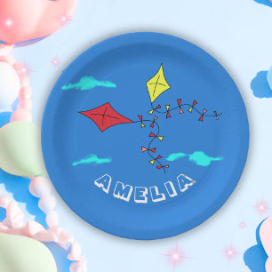 Cute Kites Red Yellow Name Kids Birthday Party Paper Plate
