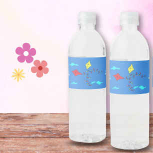 Cute Kites Red Yellow Name Kids Birthday Party Water Bottle Label