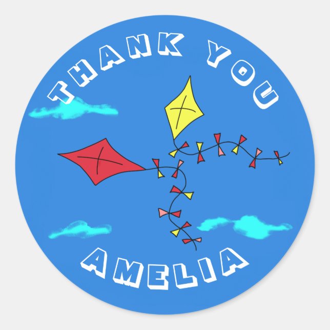 Cute Kites Red Yellow Name Kids Birthday Thank you Classic Round Sticker (Front)