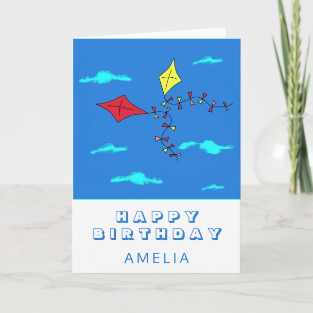 Cute Kites Red Yellow with Name Kids Birthday Card (Front)