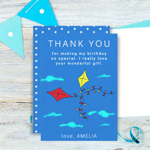 Cute Kites Red Yellow with Name Kids Birthday Thank You Card