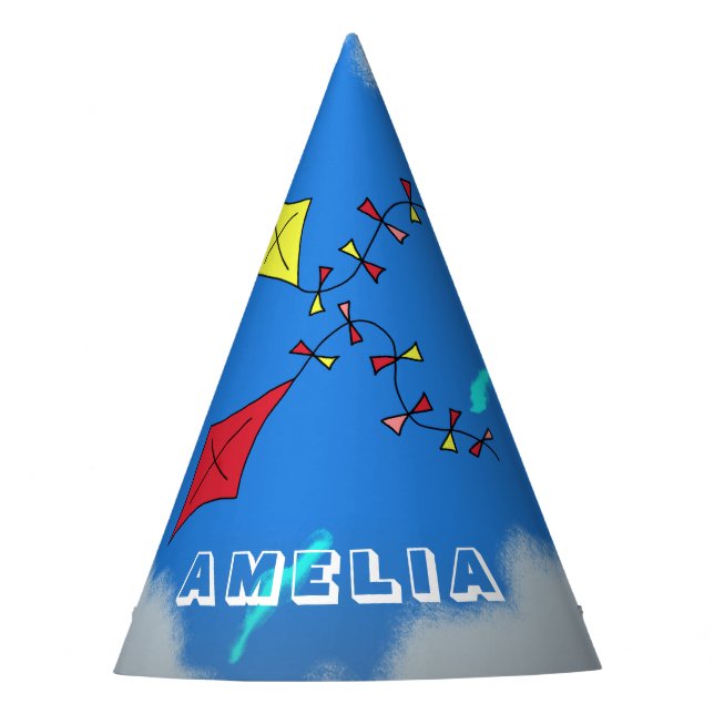 Cute Kites with Kids Name Birthday Party Hat (Front)