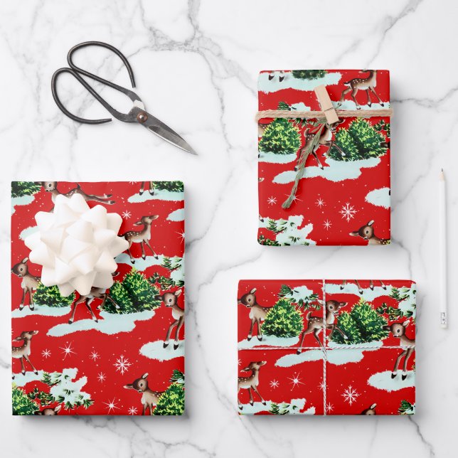 Cute Kitschy Retro Christmas Reindeer Wrapping Paper Sheet (Front)