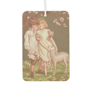 Cute Kitschy Vintage Valentine, Children with Lamb Car Air Freshener