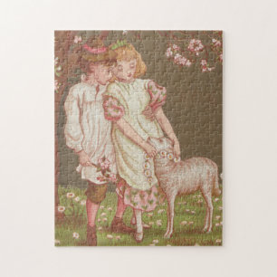 Cute Kitschy Vintage Valentine, Children with Lamb Jigsaw Puzzle