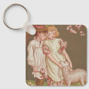 Cute Kitschy Vintage Valentine, Children with Lamb Key Ring