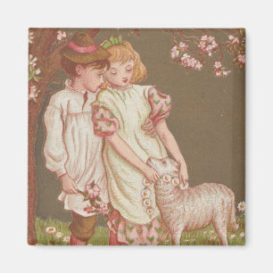 Cute Kitschy Vintage Valentine, Children with Lamb Magnet