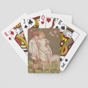 Cute Kitschy Vintage Valentine, Children with Lamb Playing Cards