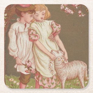 Cute Kitschy Vintage Valentine, Children with Lamb Square Paper Coaster