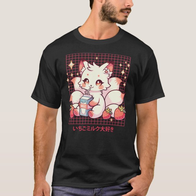Cute Kitsune Japanese Anime Fox Kawaii Strawberry  T-Shirt (Front)