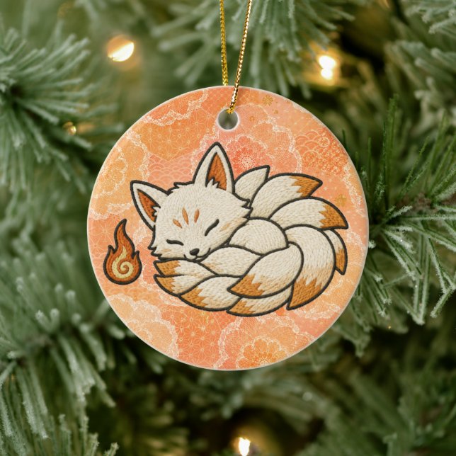 Cute Kitsune Nine Tailed Fox Japanese Folklore Ceramic Tree Decoration (Tree)