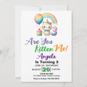Cute Kitten 3rd Birthday Party Invitation