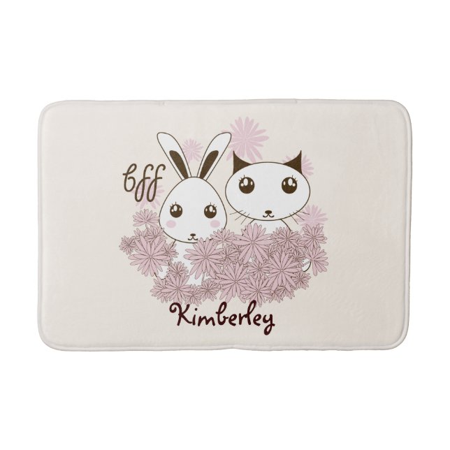 Cute Kitten and Bunny Animal Friends Girls Kids Bath Mat (Front)