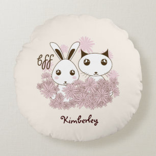 Cute Kitten and Bunny Animal Friends Girls Kids Round Cushion