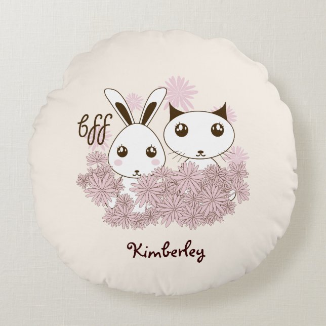 Cute Kitten and Bunny Animal Friends Girls Kids Round Cushion (Front)