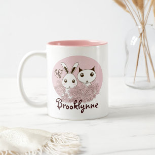 Cute Kitten and Bunny Animal Friends Kids Girl Two-Tone Coffee Mug
