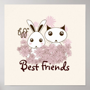 Cute Kitten and Bunny Animal Friends Kids Room Poster