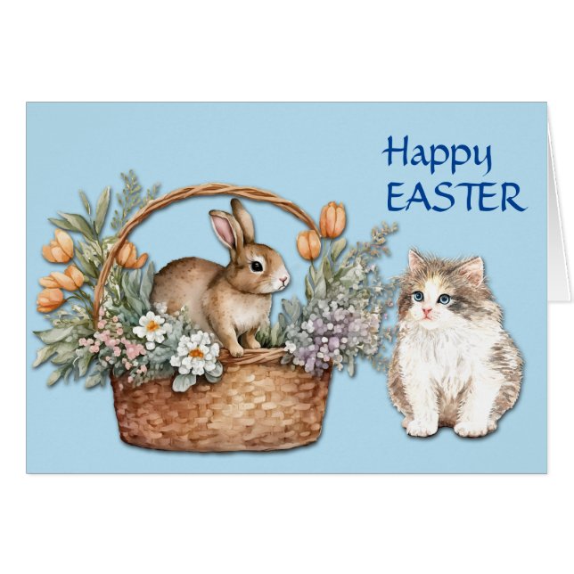 Cute Kitten and Bunny Basket Easter Card (Front Horizontal)