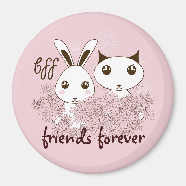 Cute Kitten and Bunny Friends Forever Girl Pink Magnet (Front)