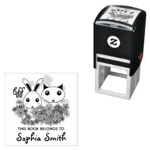 Cute Kitten and Bunny Girls Kids Bookplate Self-inking Stamp