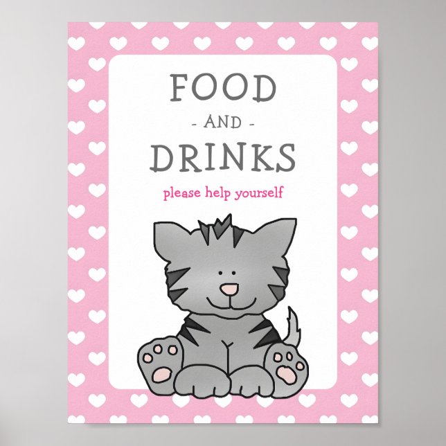 Cute Kitten and Hearts Food and Drinks Baby Shower Poster (Front)