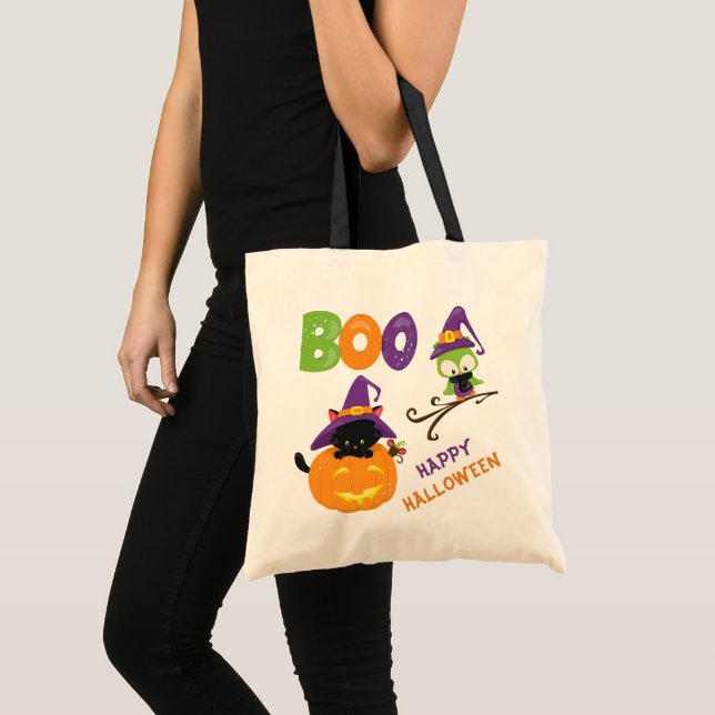 Cute Kitten and Owl Halloween Trick or Treat Tote Bag (Front (Product))
