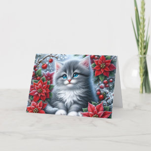 Cute Kitten and Poinsettia Holiday Card