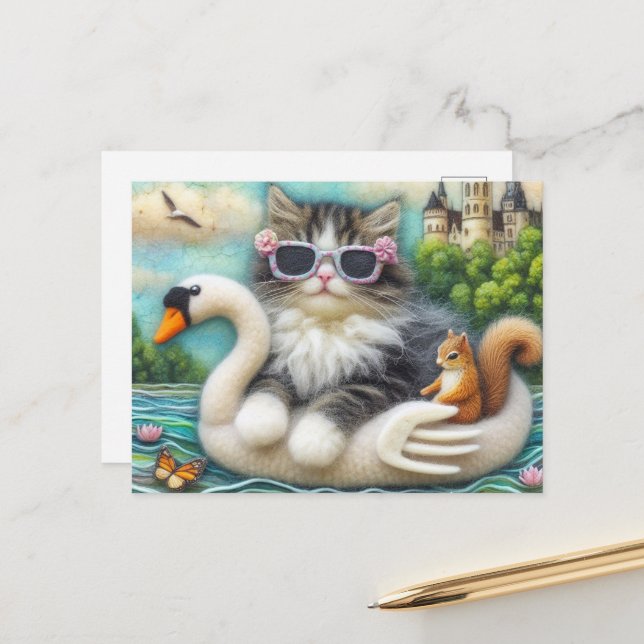 Cute Kitten and Squirrel Woollen Swan Boat Postcard (Front/Back In Situ)