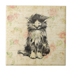 Cute Kitten Antique Cat with Floral Flower Design Tile