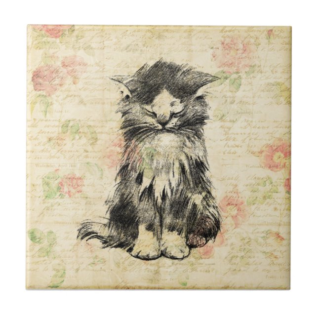Cute Kitten Antique Cat with Floral Flower Design Tile (Front)