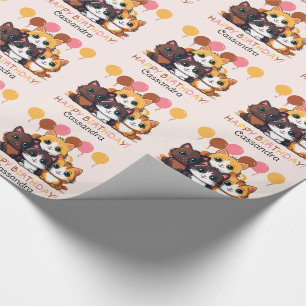 Cute Kitten Balloon Name Kids Birthday Wrapping Paper