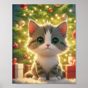 Cute Kitten Beside Christmas Tree Wrapped Gifts Poster