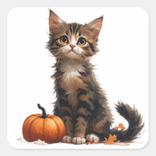 Cute Kitten Beside Pumpkin Halloween 🎃 Square Sticker