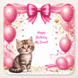 Cute Kitten Birthday Party Balloons 🐱 Square Paper Coaster