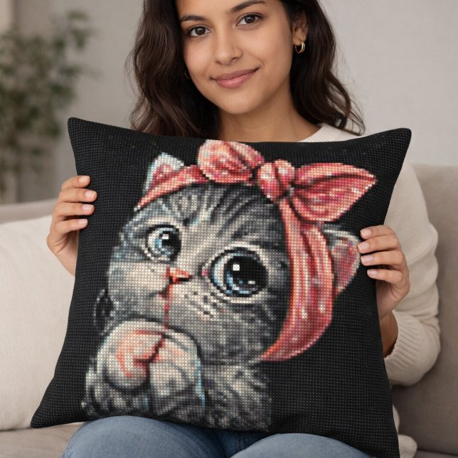 Cute Kitten Bow Cross Stitch Throw Pillow (Creator Uploaded)