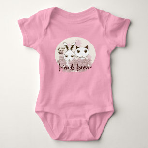 Cute Kitten Bunny Animal Best Friends Pink Girl Baby Bodysuit