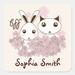 Cute Kitten Bunny Animal Best Frineds Kids Name Square Sticker