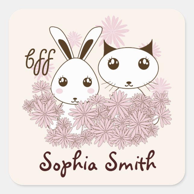 Cute Kitten Bunny Animal Best Frineds Kids Name Square Sticker (Front)