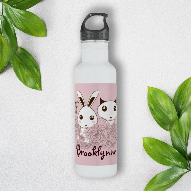 Cute Kitten Bunny Animal Friends Pink Kids Girls 710 Ml Water Bottle (Creator Uploaded)