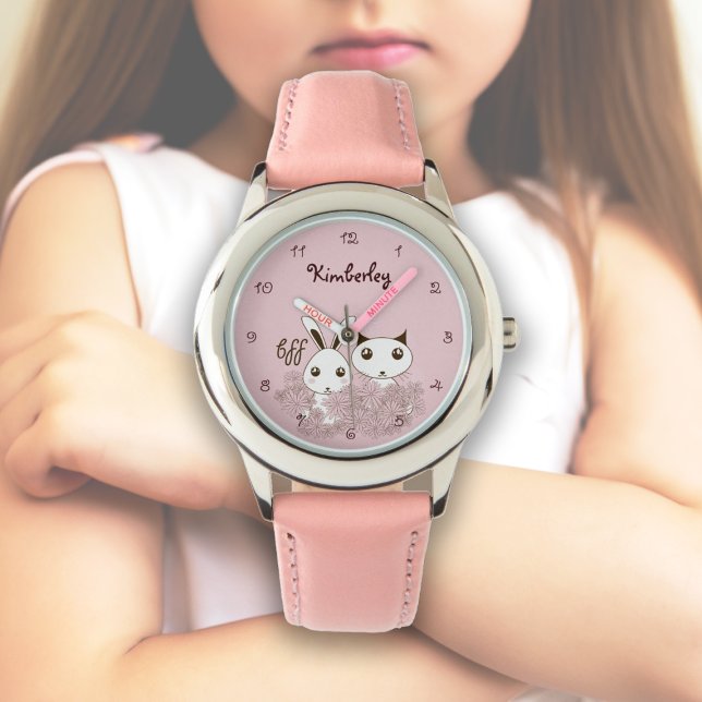 Cute Kitten Bunny Animal Friends Pink Kids Girls Watch (Creator Uploaded)